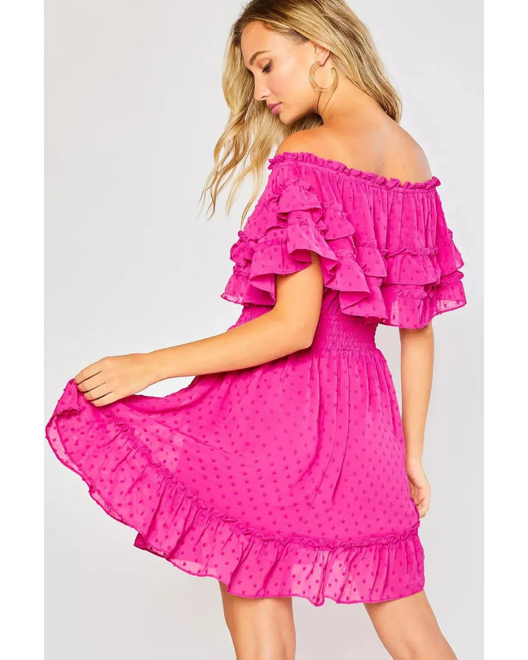 Brooke - Ruffle Hem Off Shoulder Dress Fuchsia