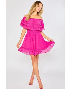 Brooke - Ruffle Hem Off Shoulder Dress Fuchsia