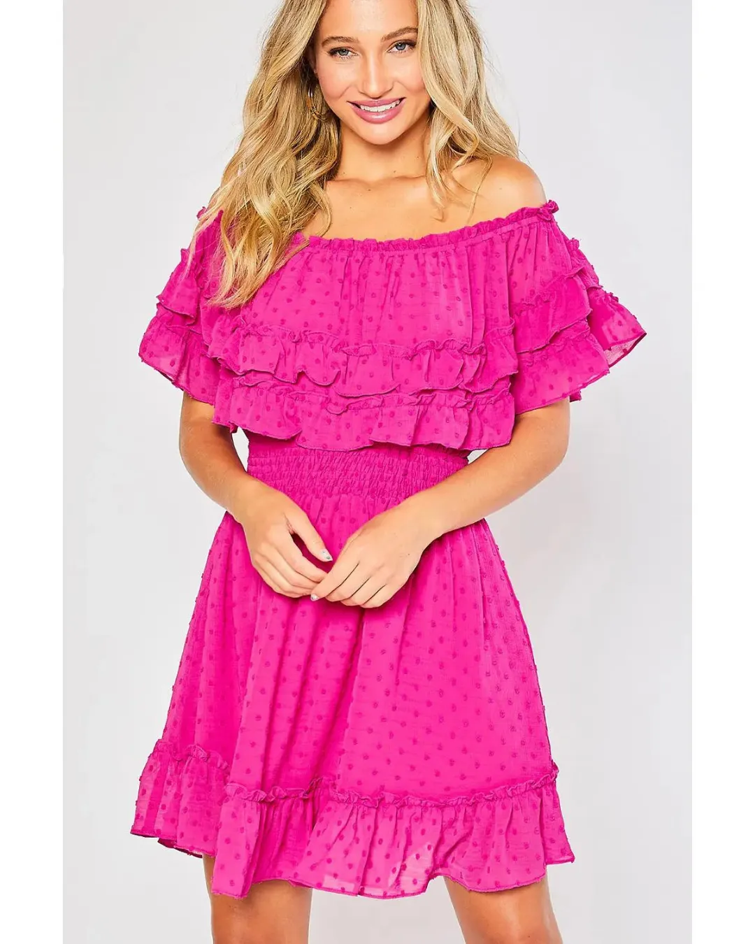 Brooke - Ruffle Hem Off Shoulder Dress Fuchsia