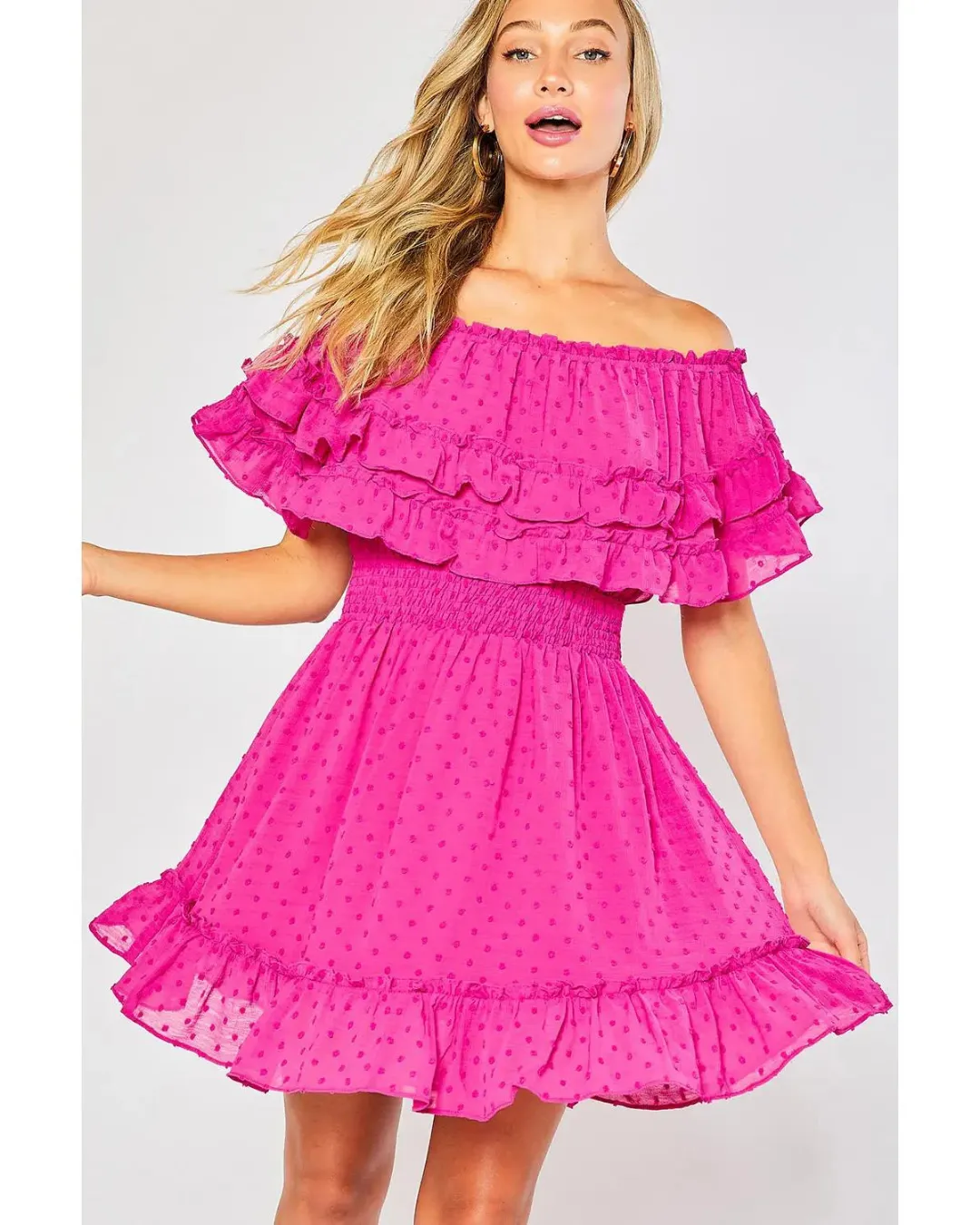 Brooke - Ruffle Hem Off Shoulder Dress Fuchsia