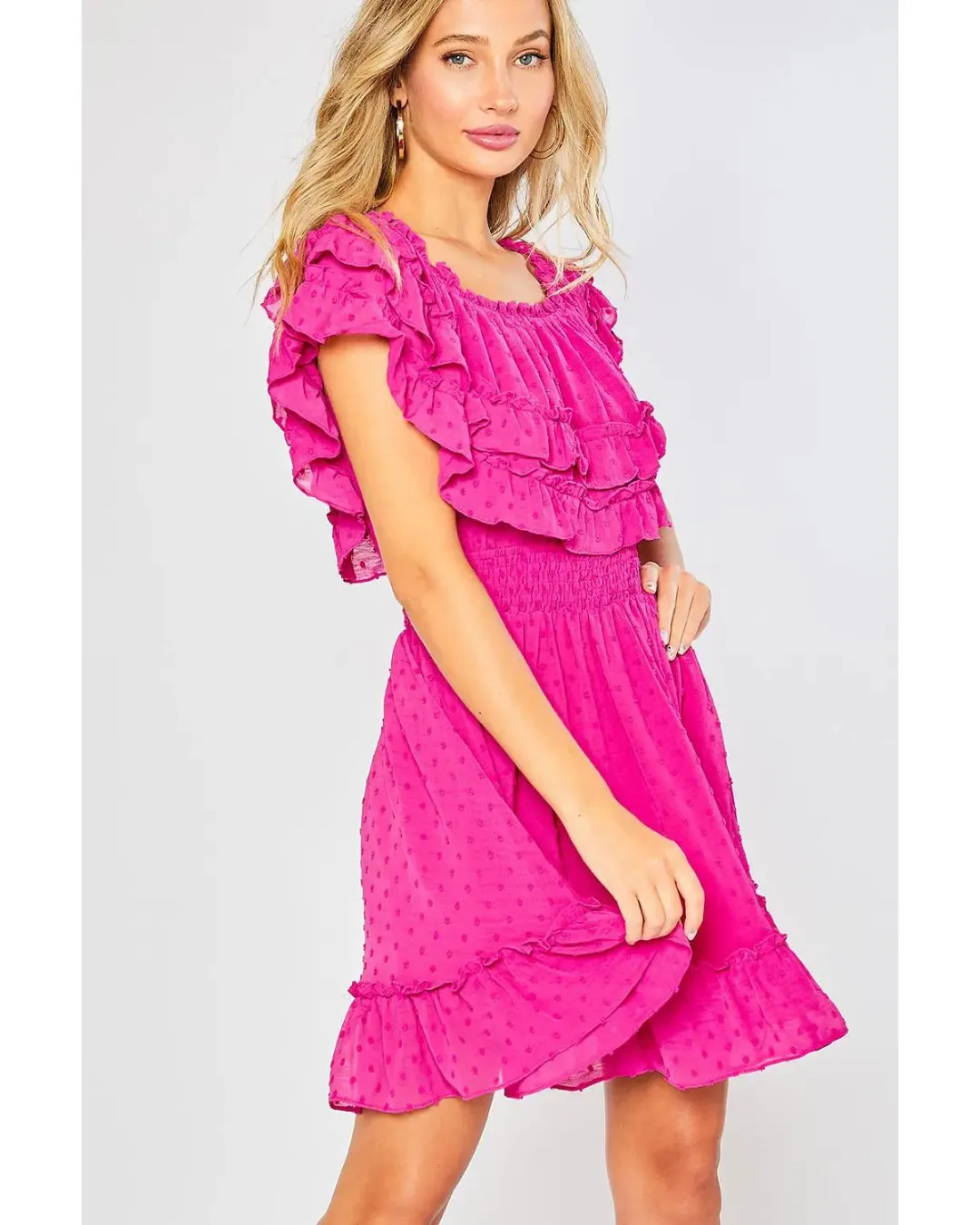 Brooke - Ruffle Hem Off Shoulder Dress Fuchsia