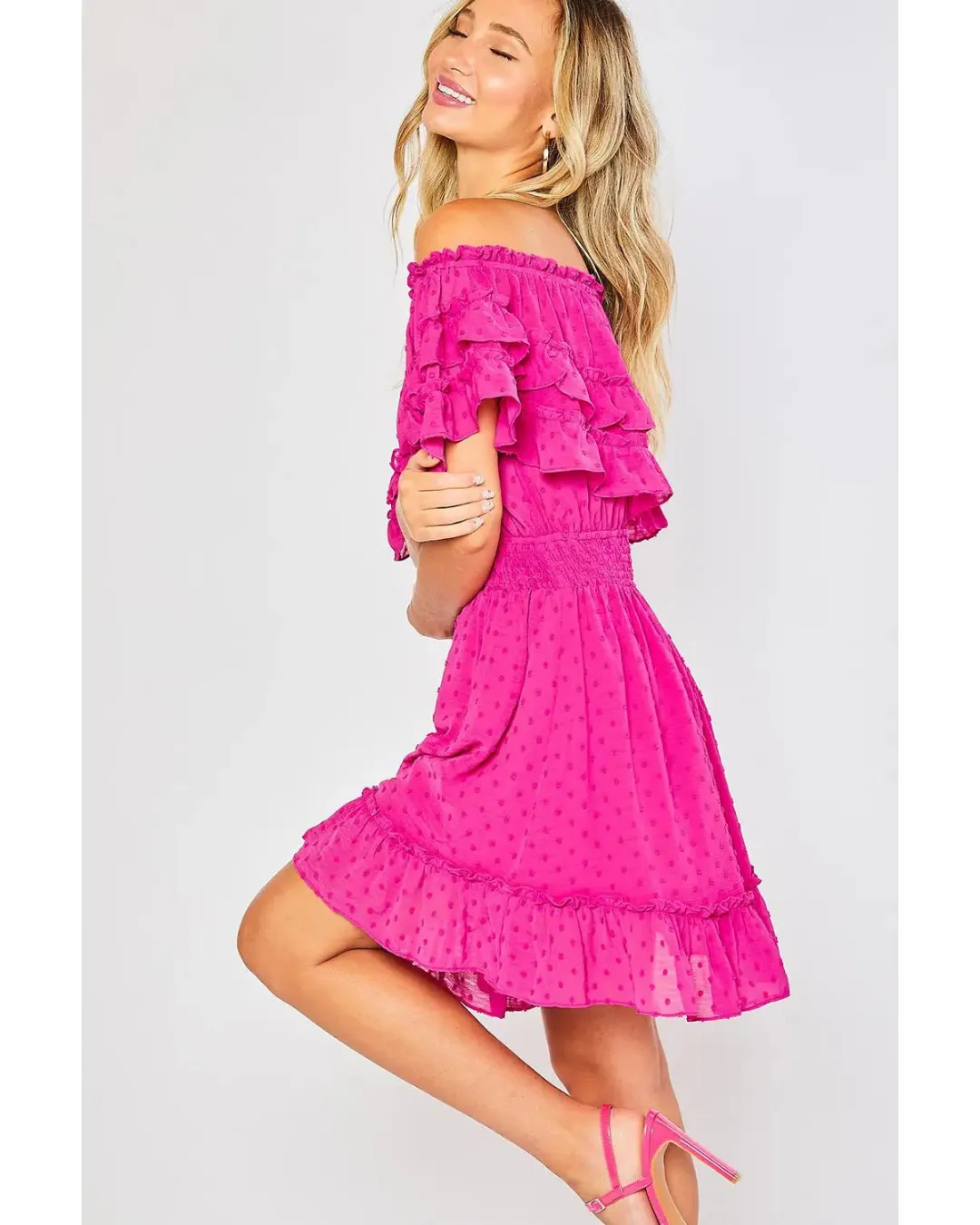 Brooke - Ruffle Hem Off Shoulder Dress Fuchsia