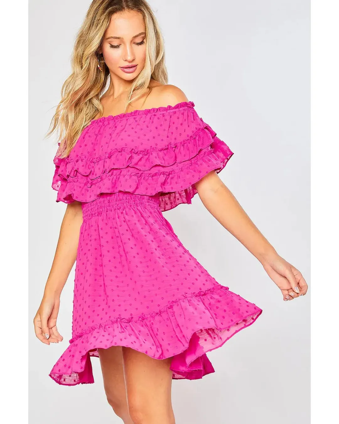 Brooke - Ruffle Hem Off Shoulder Dress Fuchsia