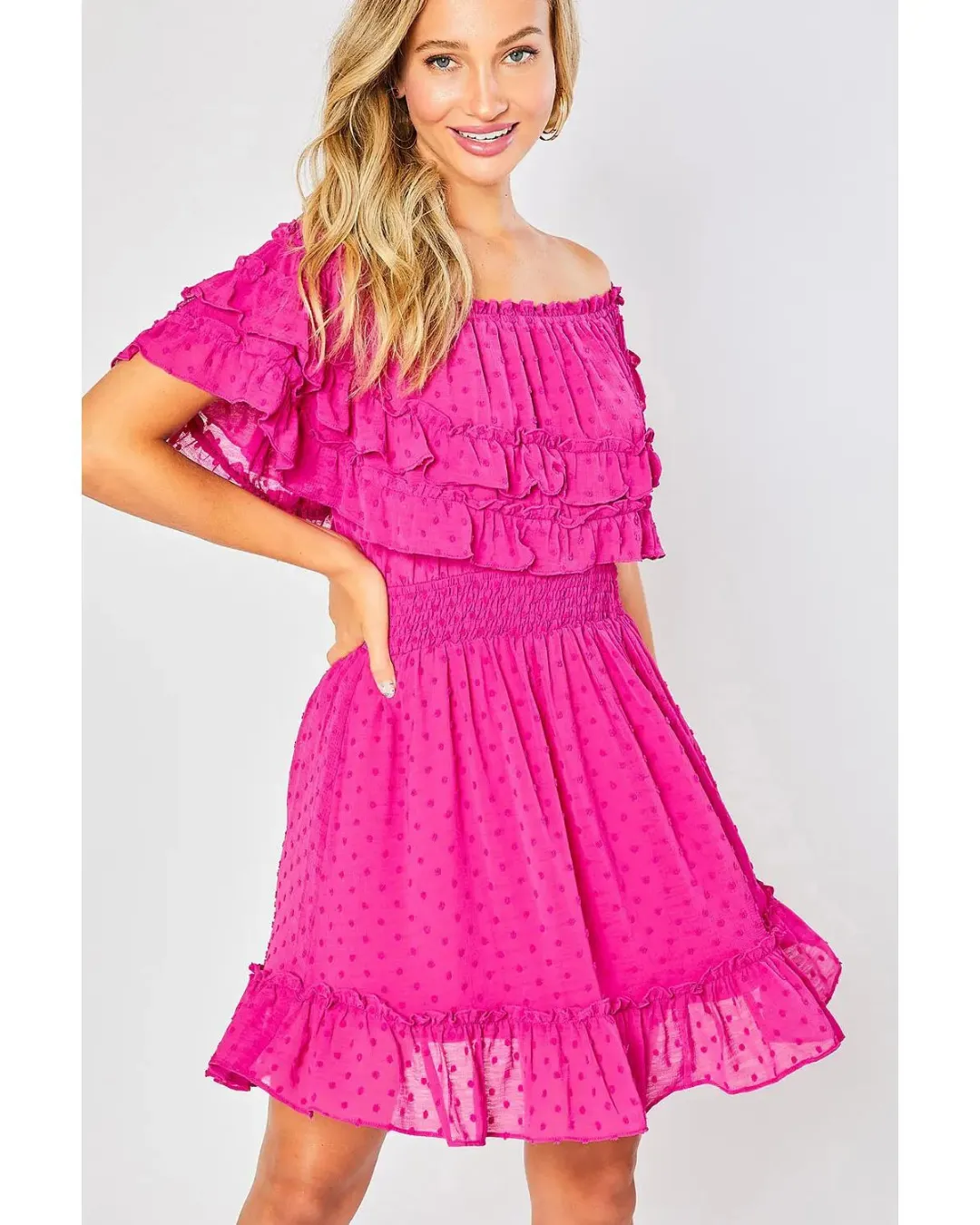 Brooke - Ruffle Hem Off Shoulder Dress Fuchsia