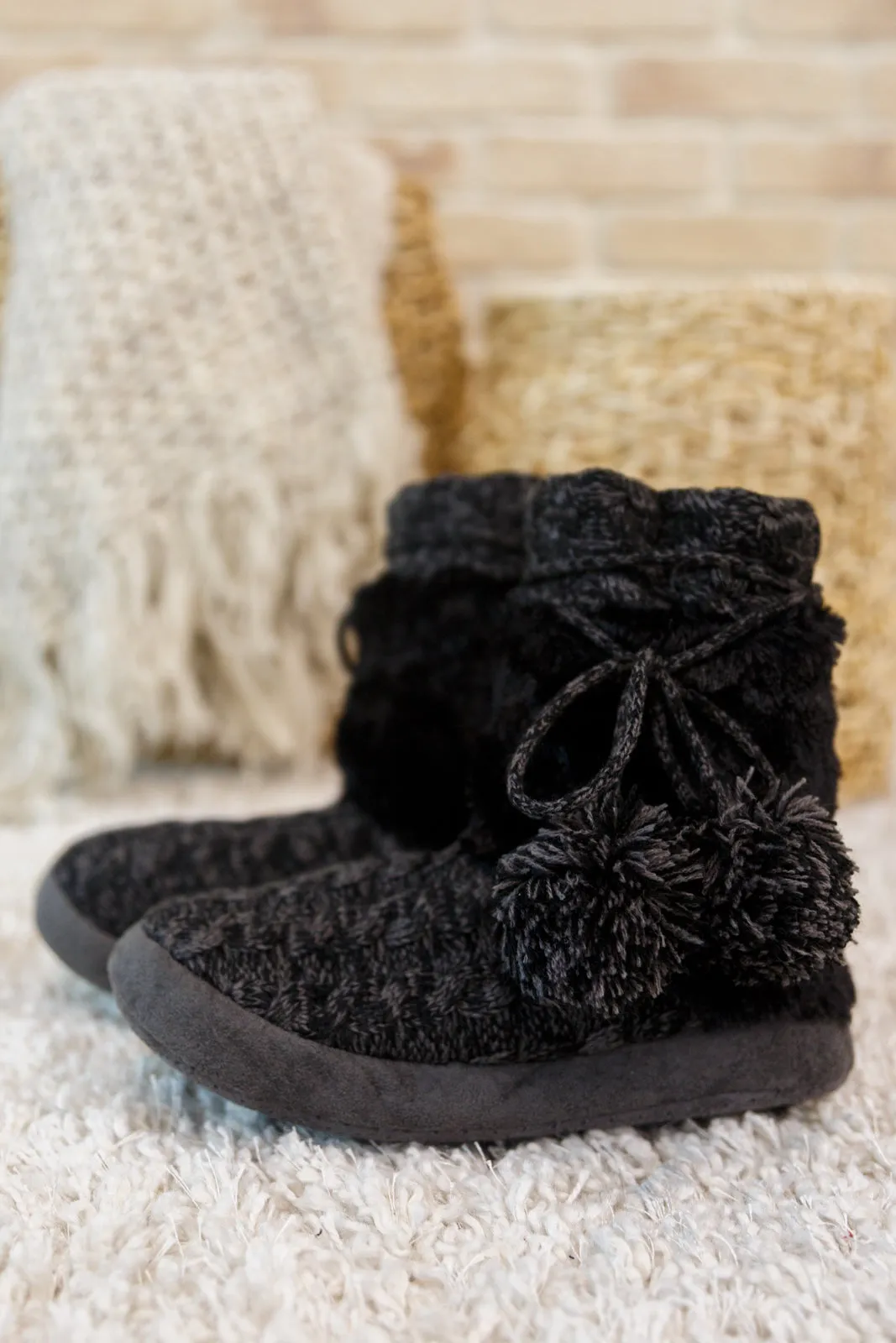 Cable Knit Slipper Boots With Pompom Trim