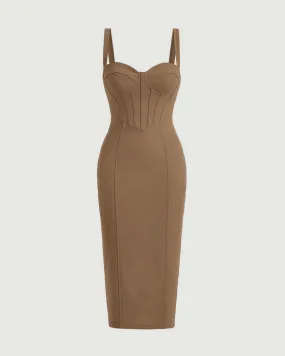 Cocktail Style Corset Detail Bodycon One Piece Dress In Latte Tone