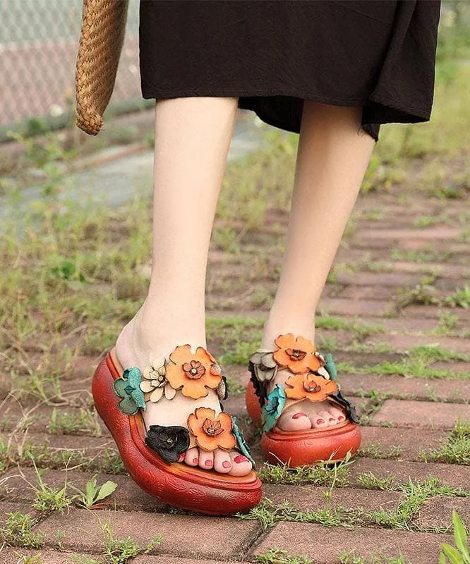 Elegant Wedge Orange Cowhide Leather Slide Sandals