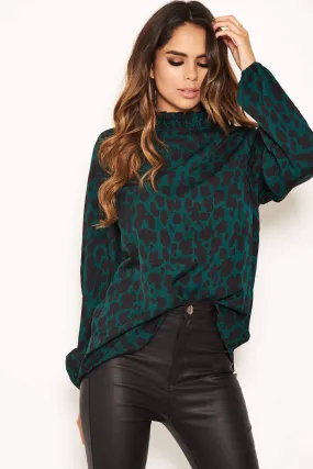 Green Leopard Print High Neck Top