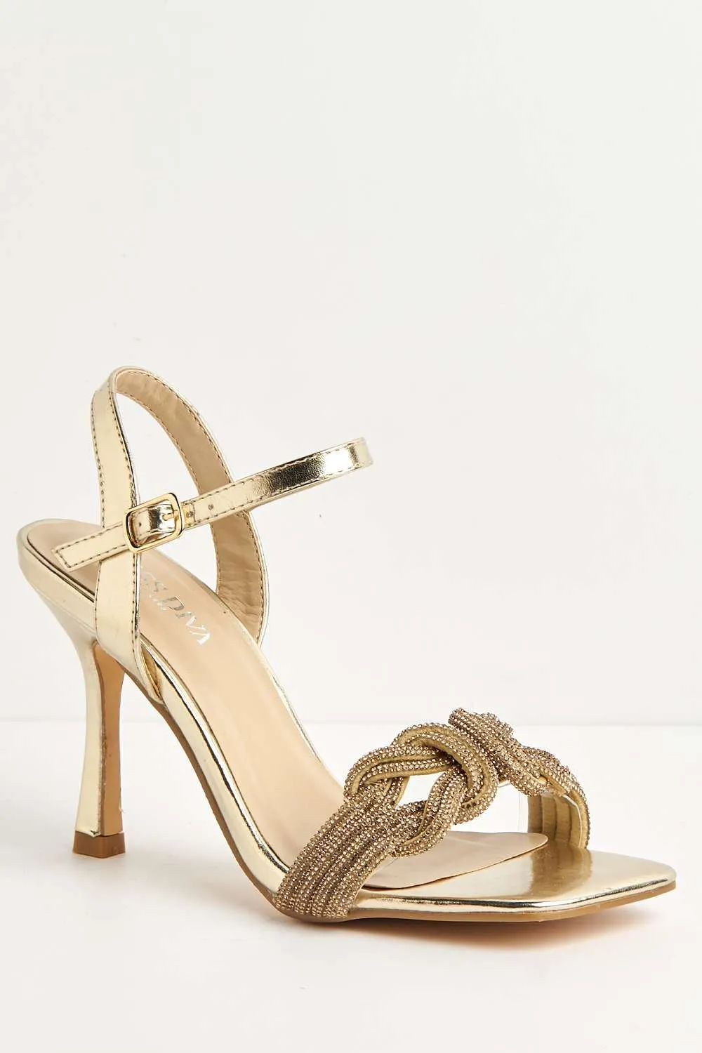 Manal Diamante Strap Square Toe Heeled Sandals in Gold