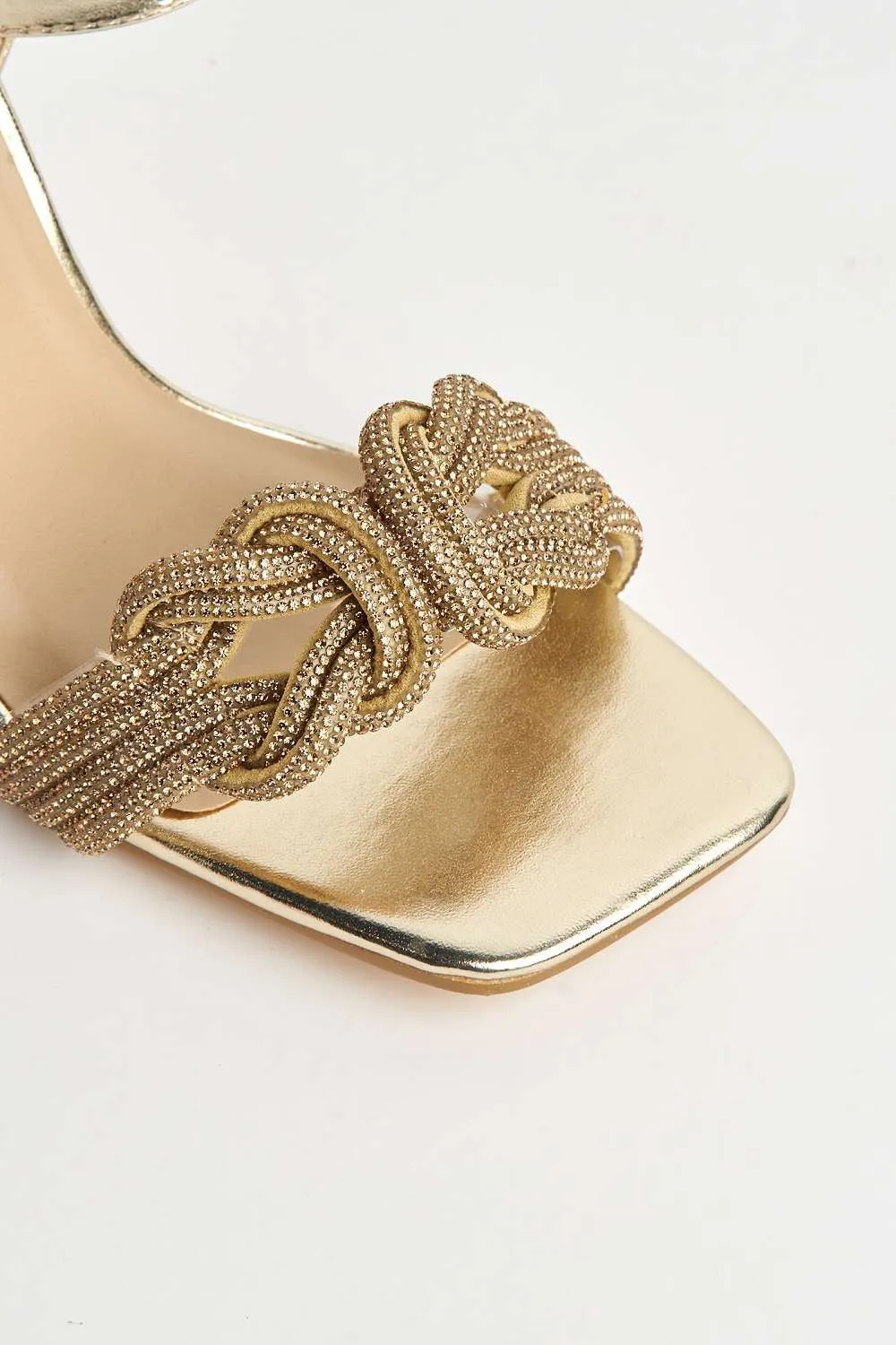 Manal Diamante Strap Square Toe Heeled Sandals in Gold