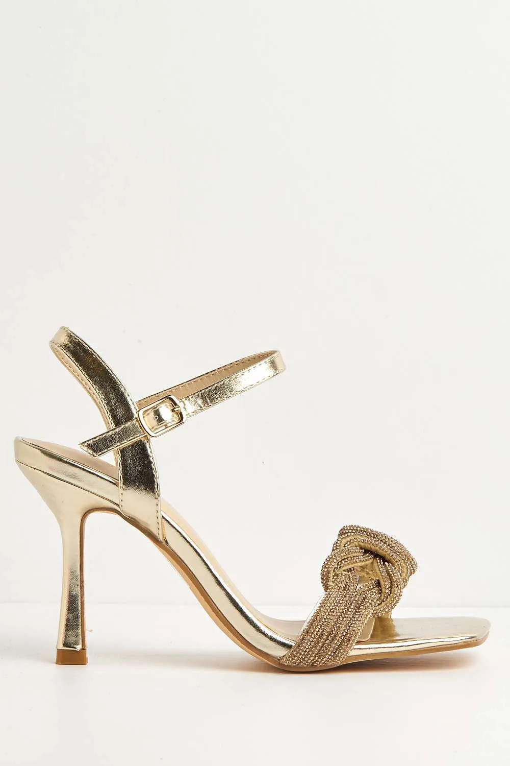 Manal Diamante Strap Square Toe Heeled Sandals in Gold