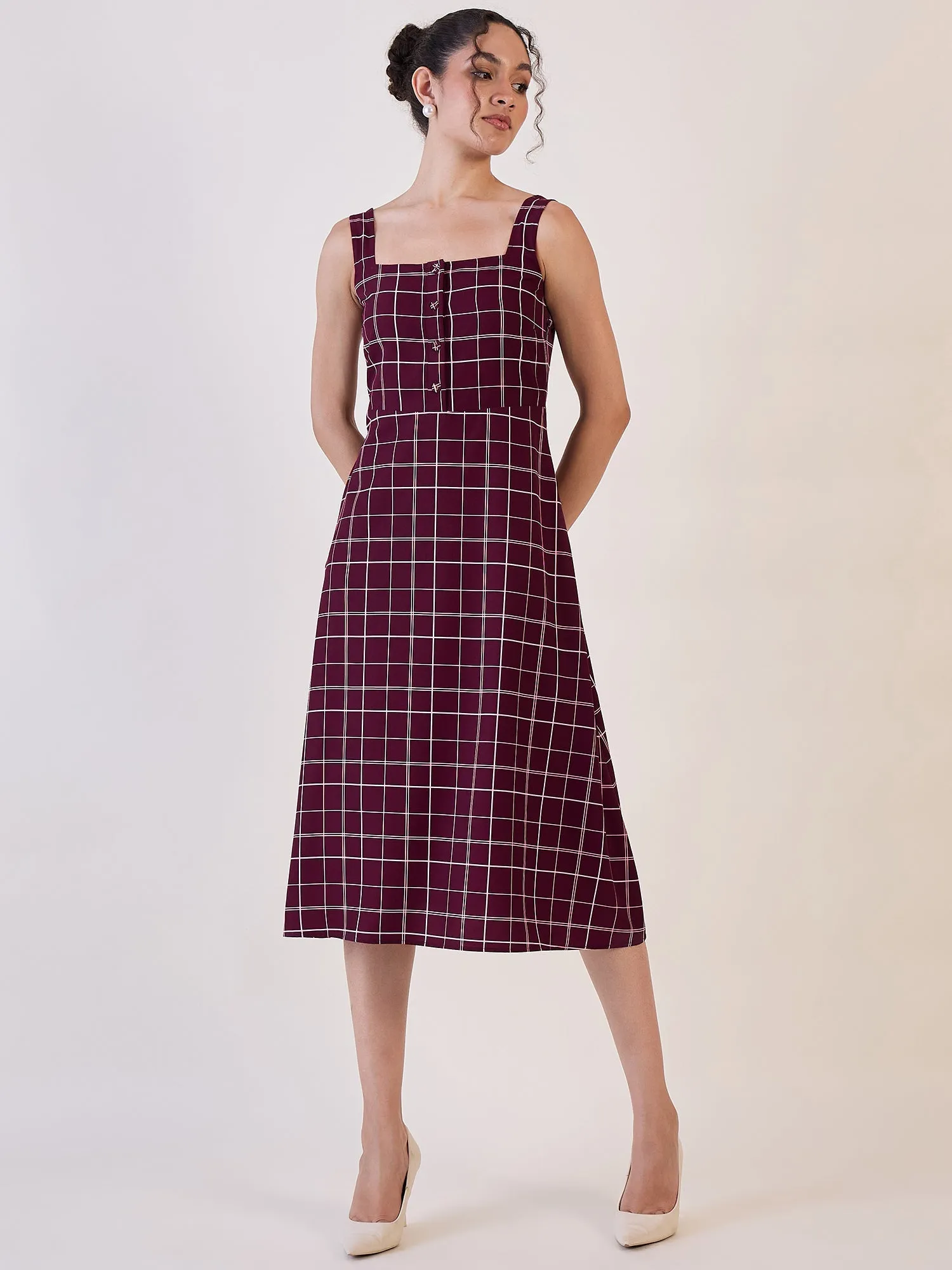 Maroon Check Fit & Flare Dress