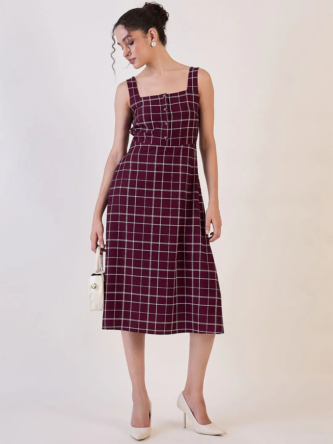 Maroon Check Fit & Flare Dress