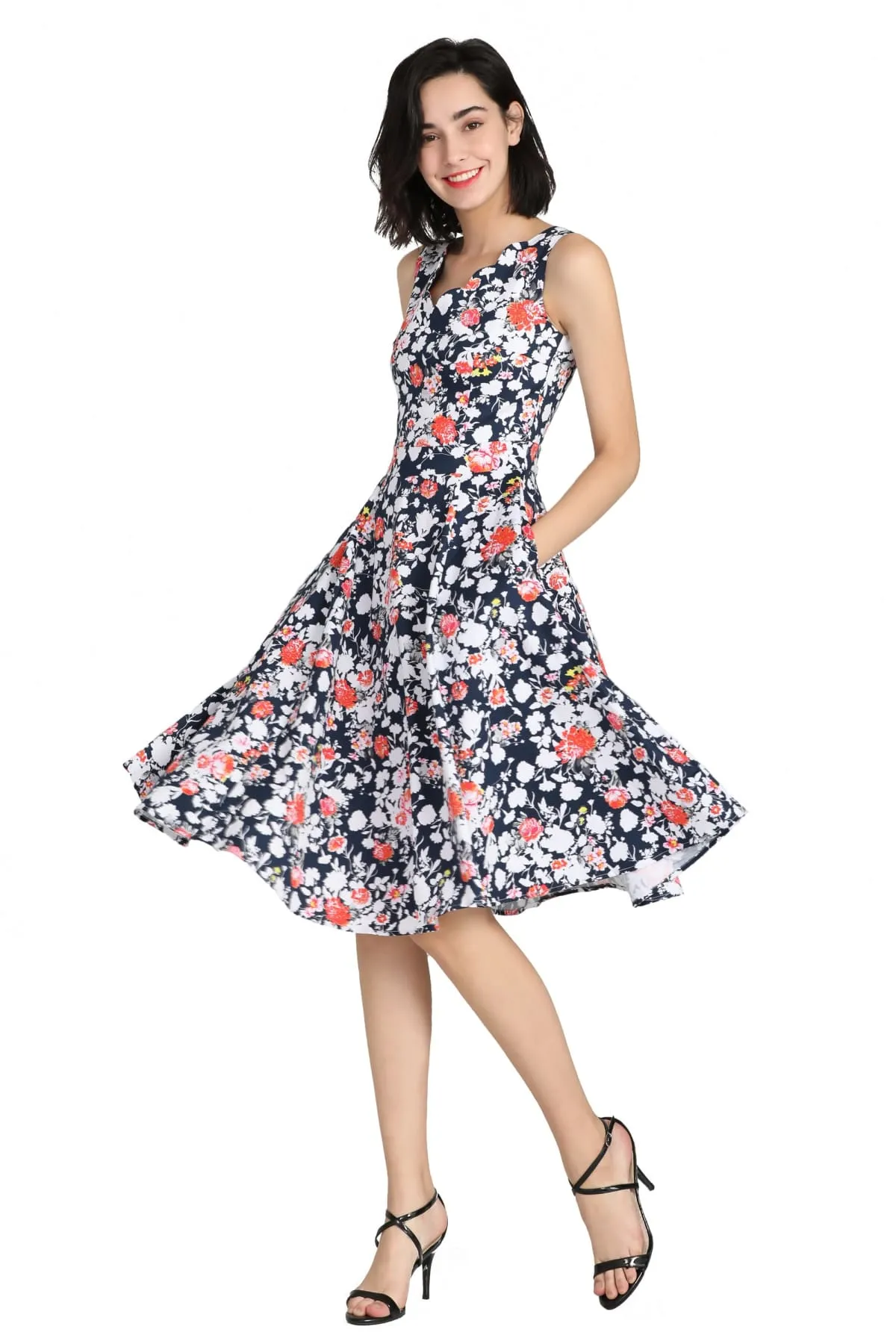 Navy Floral Scallop Neckline A Line Cotton Dress with Pockets