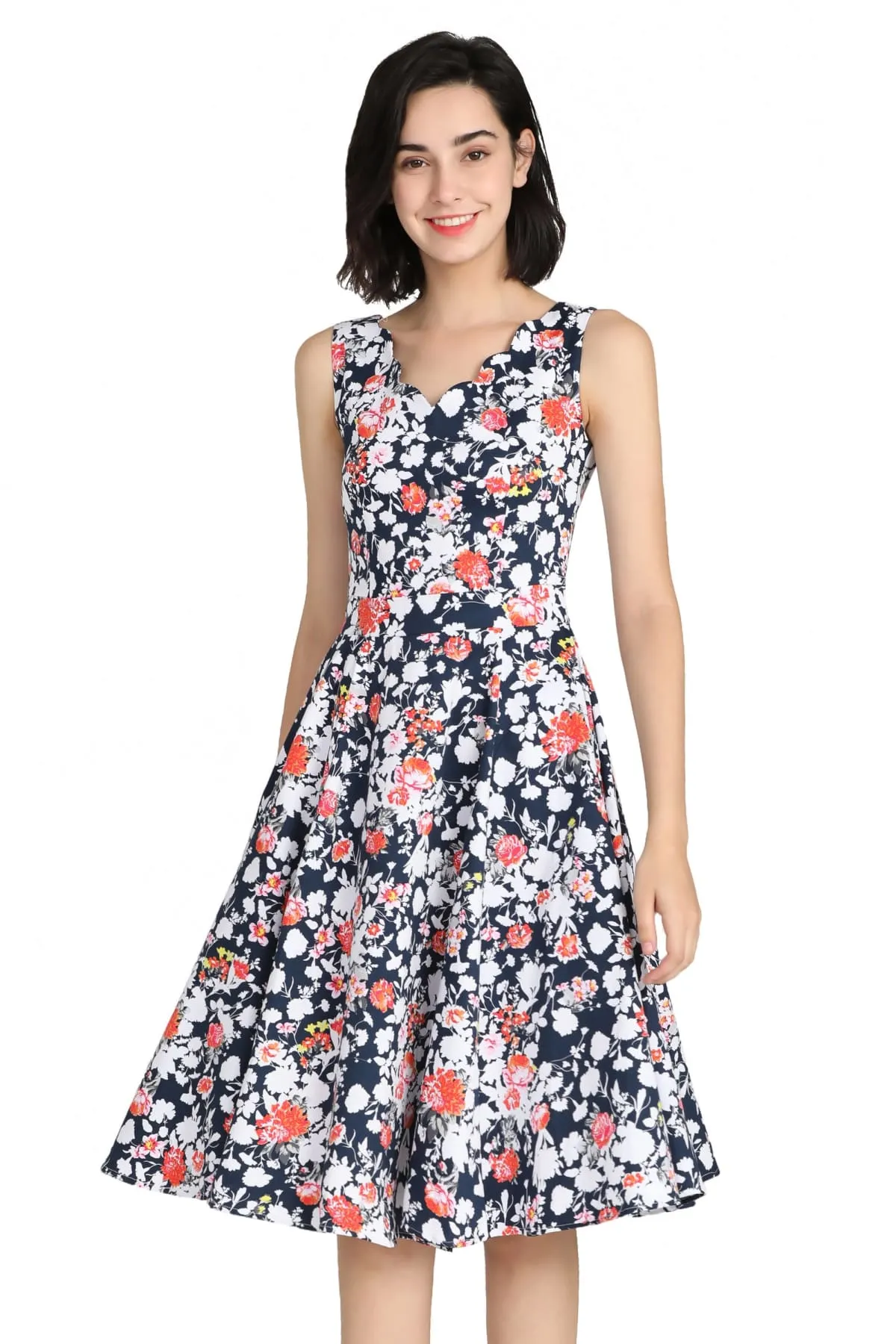 Navy Floral Scallop Neckline A Line Cotton Dress with Pockets