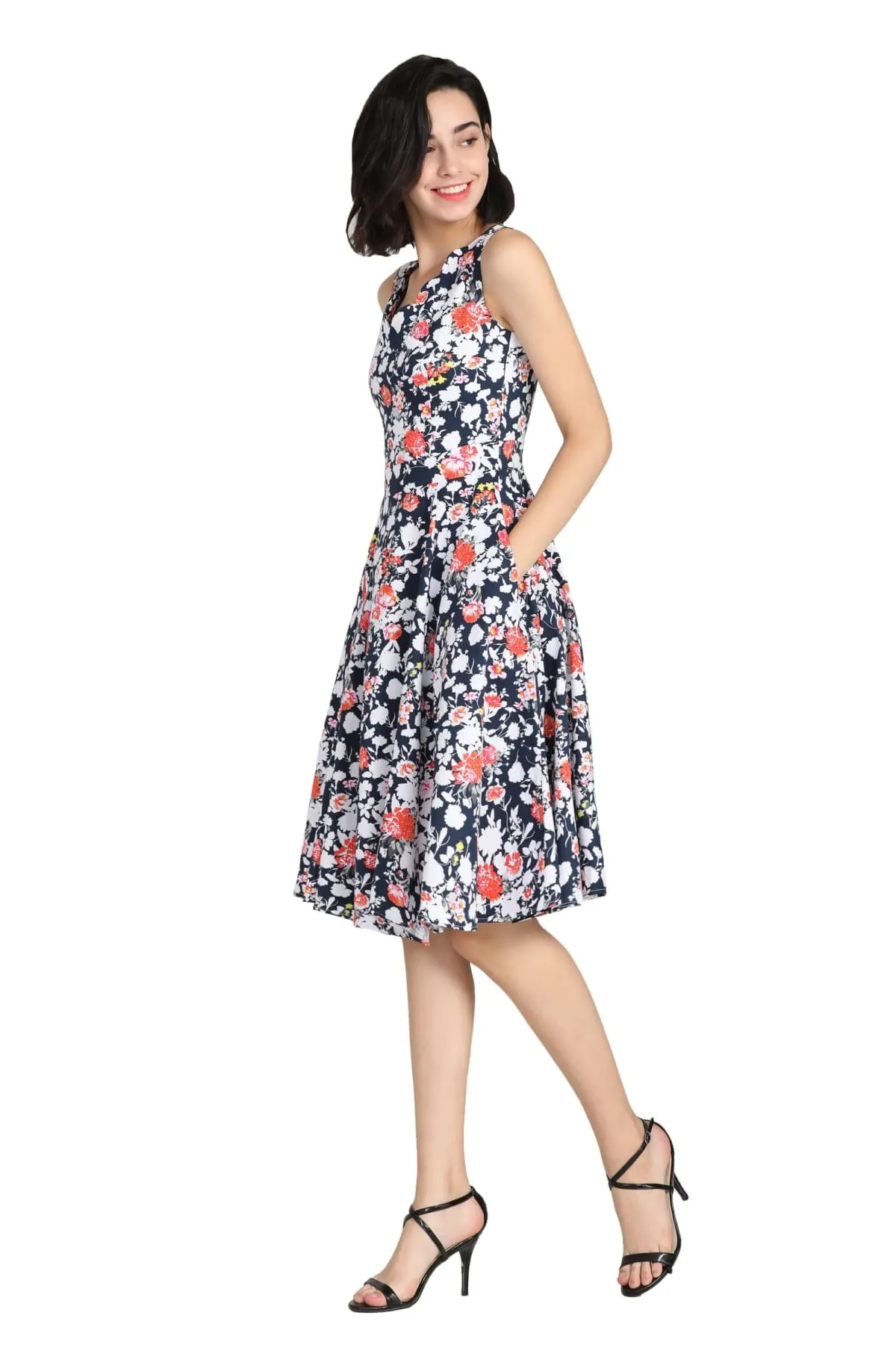 Navy Floral Scallop Neckline A Line Cotton Dress with Pockets