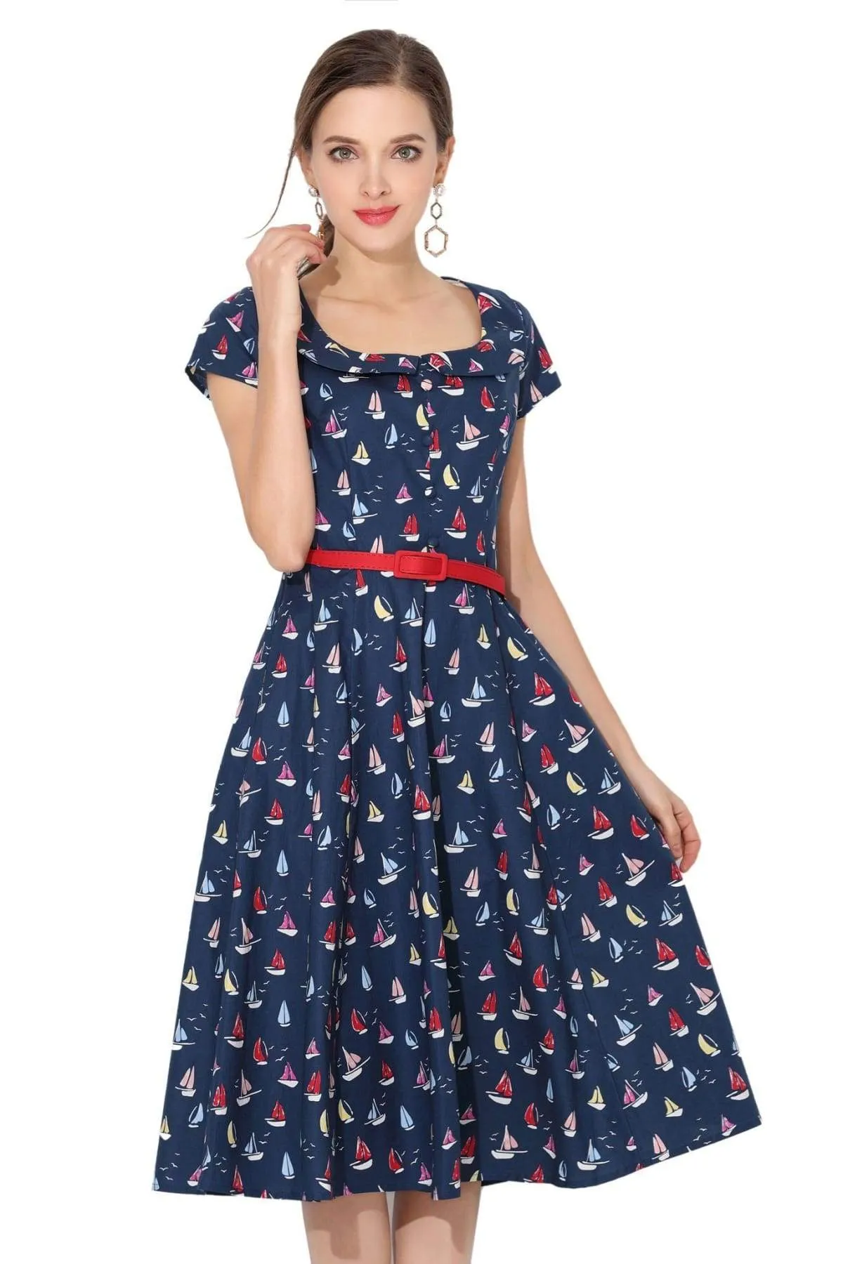 Navy Sailing Boat Peter Pan Scoop Neck Vintage Dress