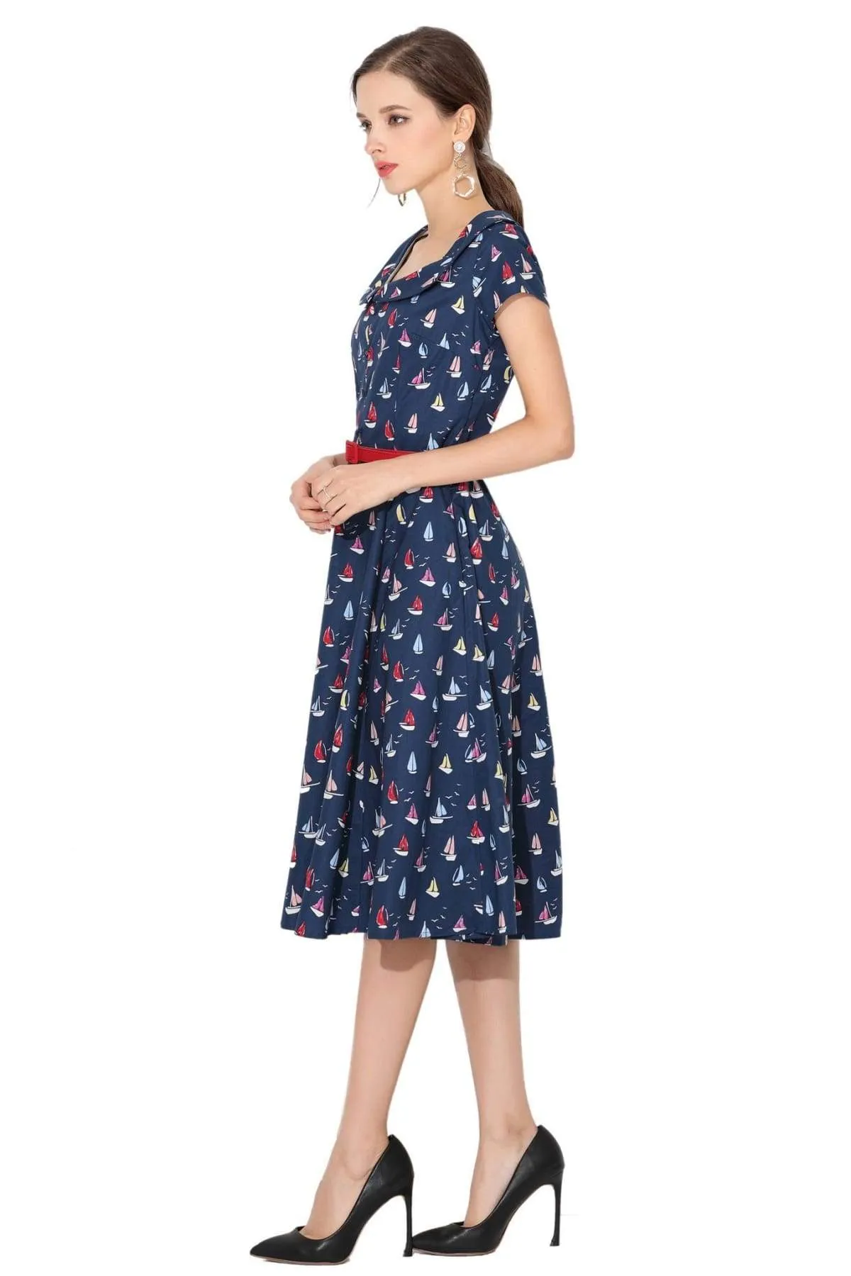 Navy Sailing Boat Peter Pan Scoop Neck Vintage Dress