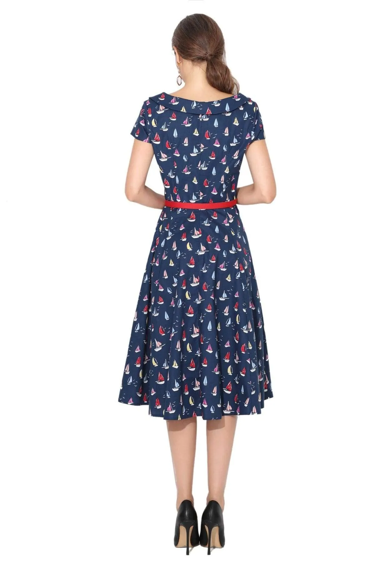 Navy Sailing Boat Peter Pan Scoop Neck Vintage Dress