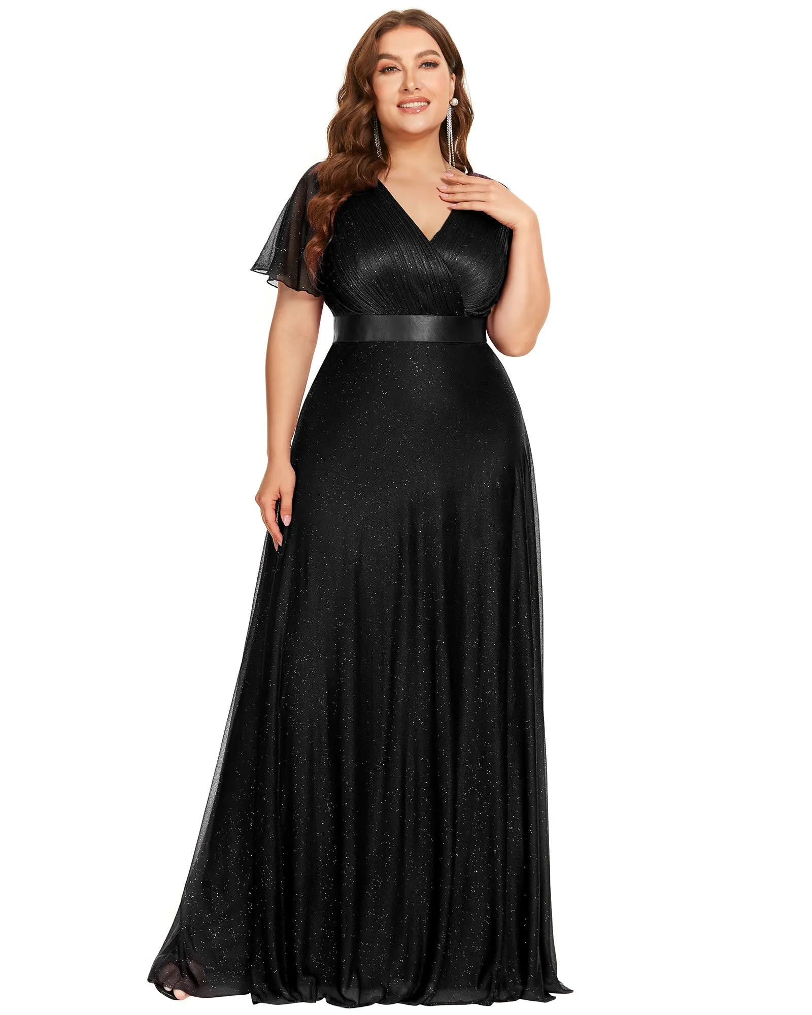 Short Sleeve V-Neck Ribbon Waist A-Line Evening Dress | Black