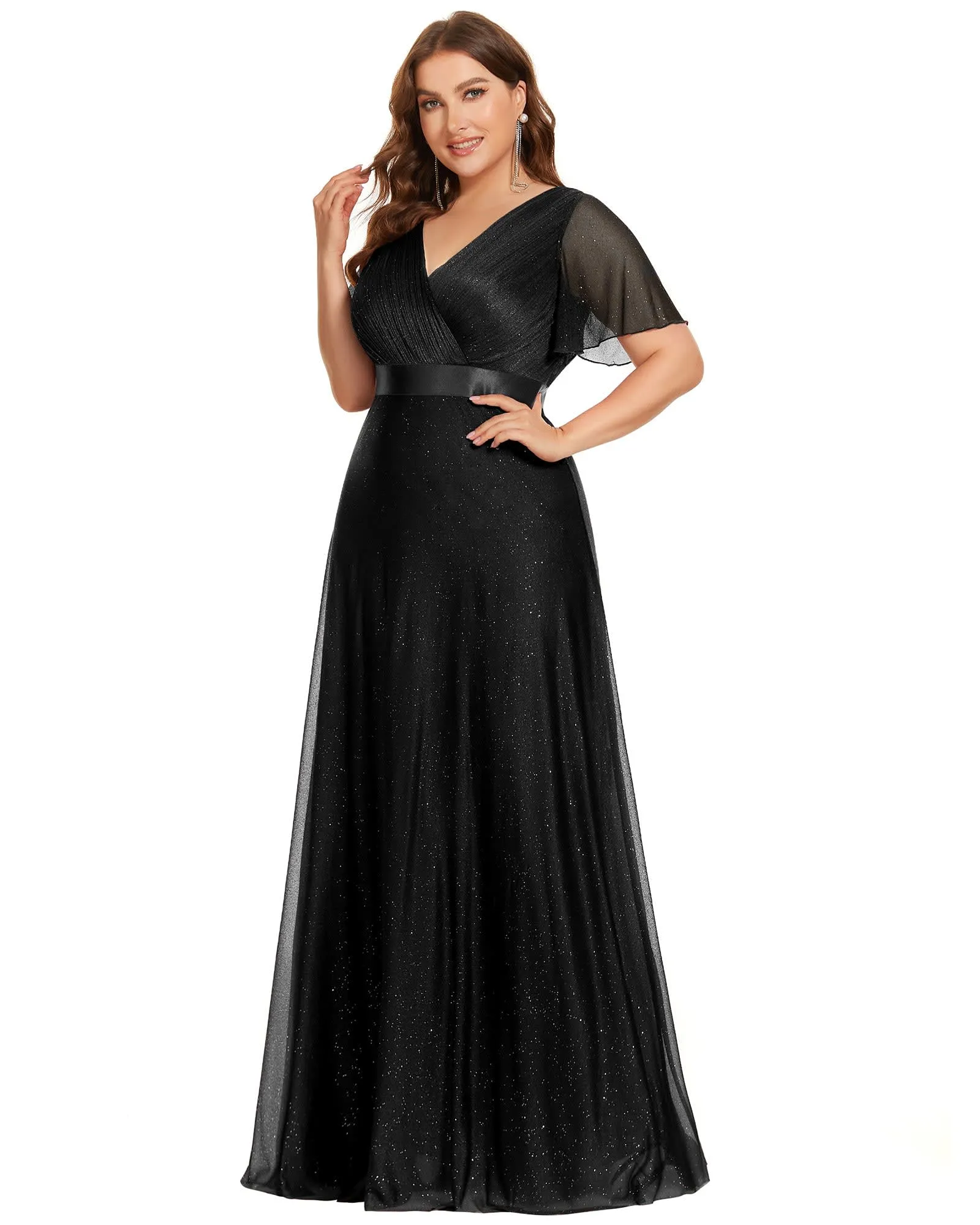 Short Sleeve V-Neck Ribbon Waist A-Line Evening Dress | Black