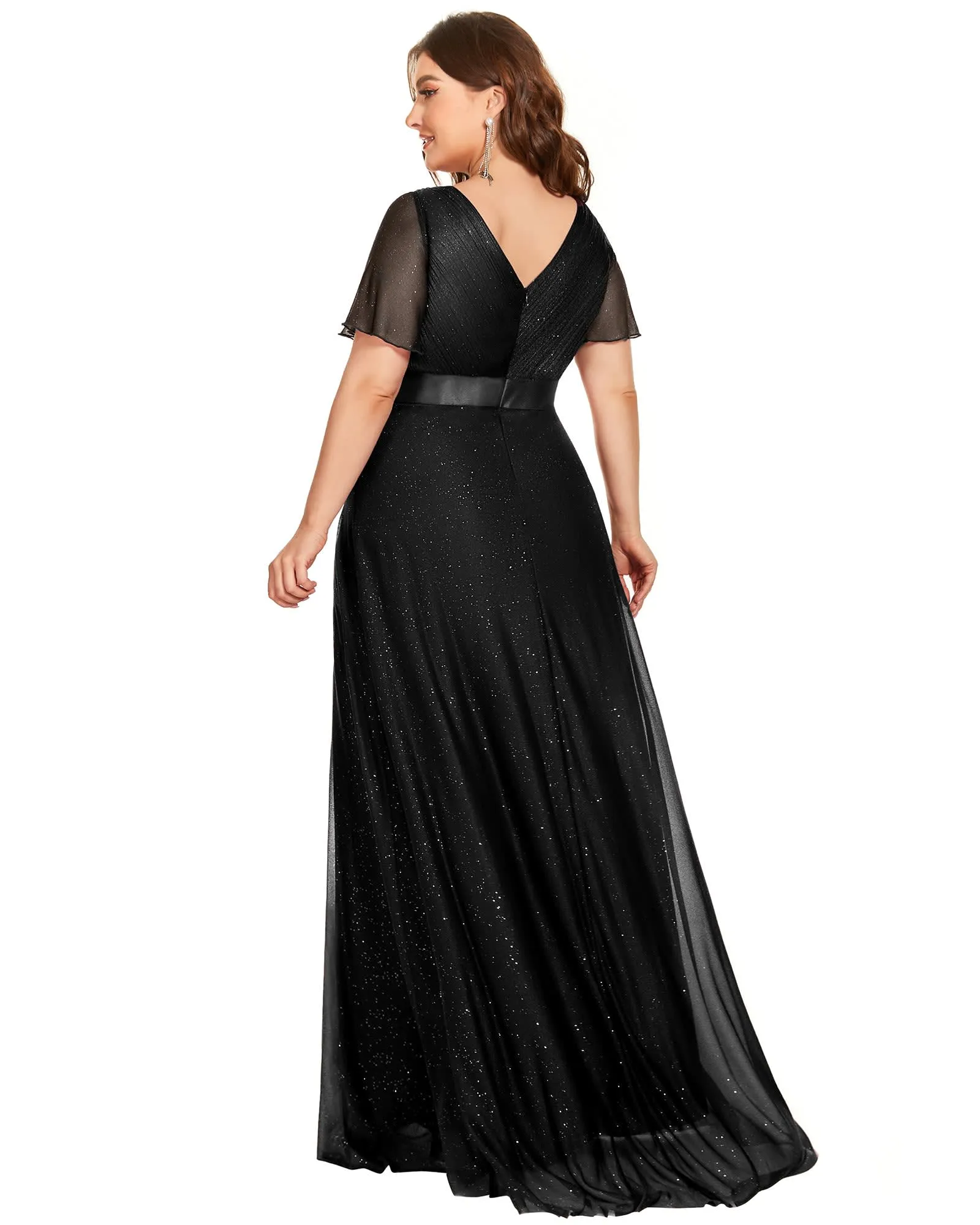 Short Sleeve V-Neck Ribbon Waist A-Line Evening Dress | Black