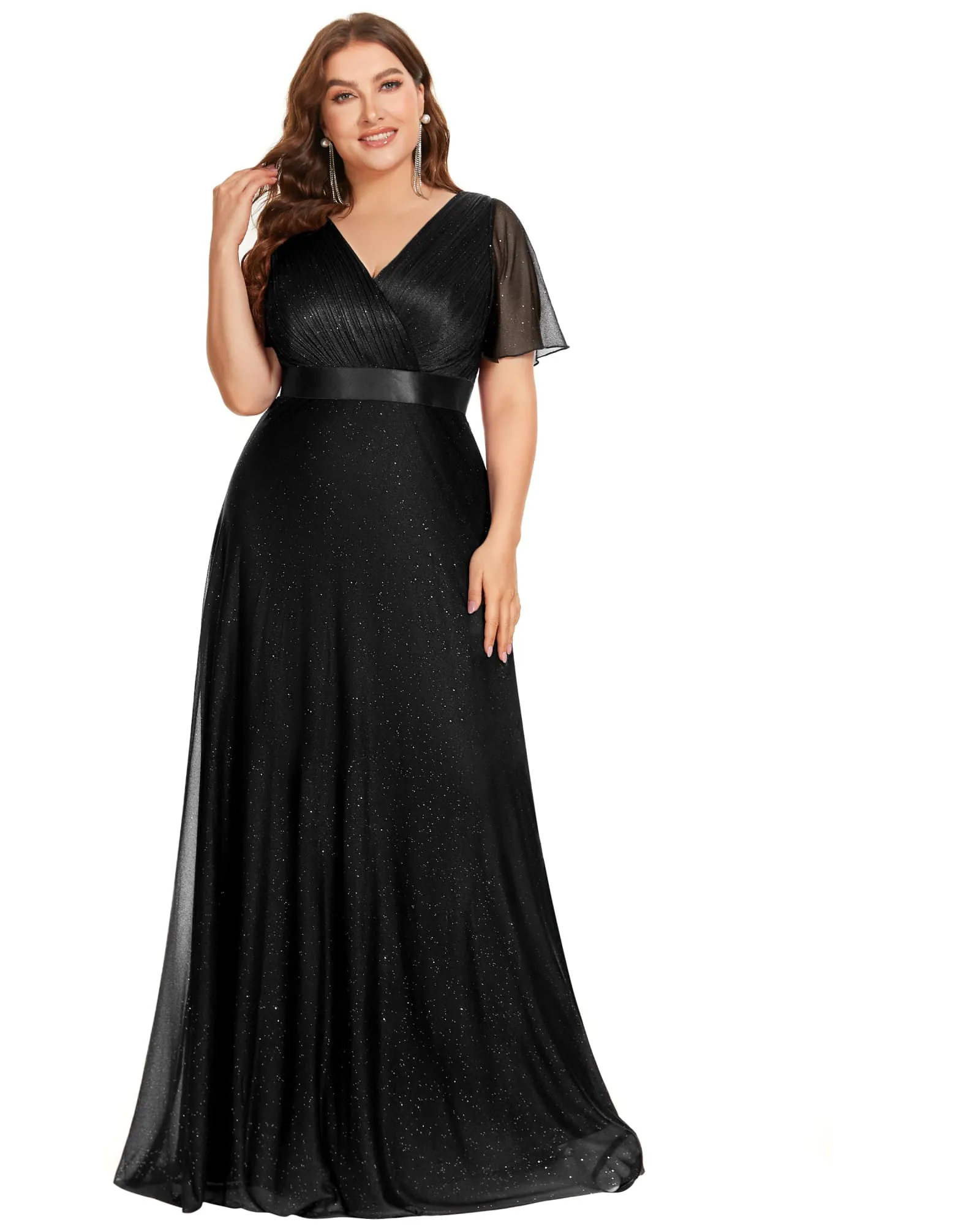 Short Sleeve V-Neck Ribbon Waist A-Line Evening Dress | Black