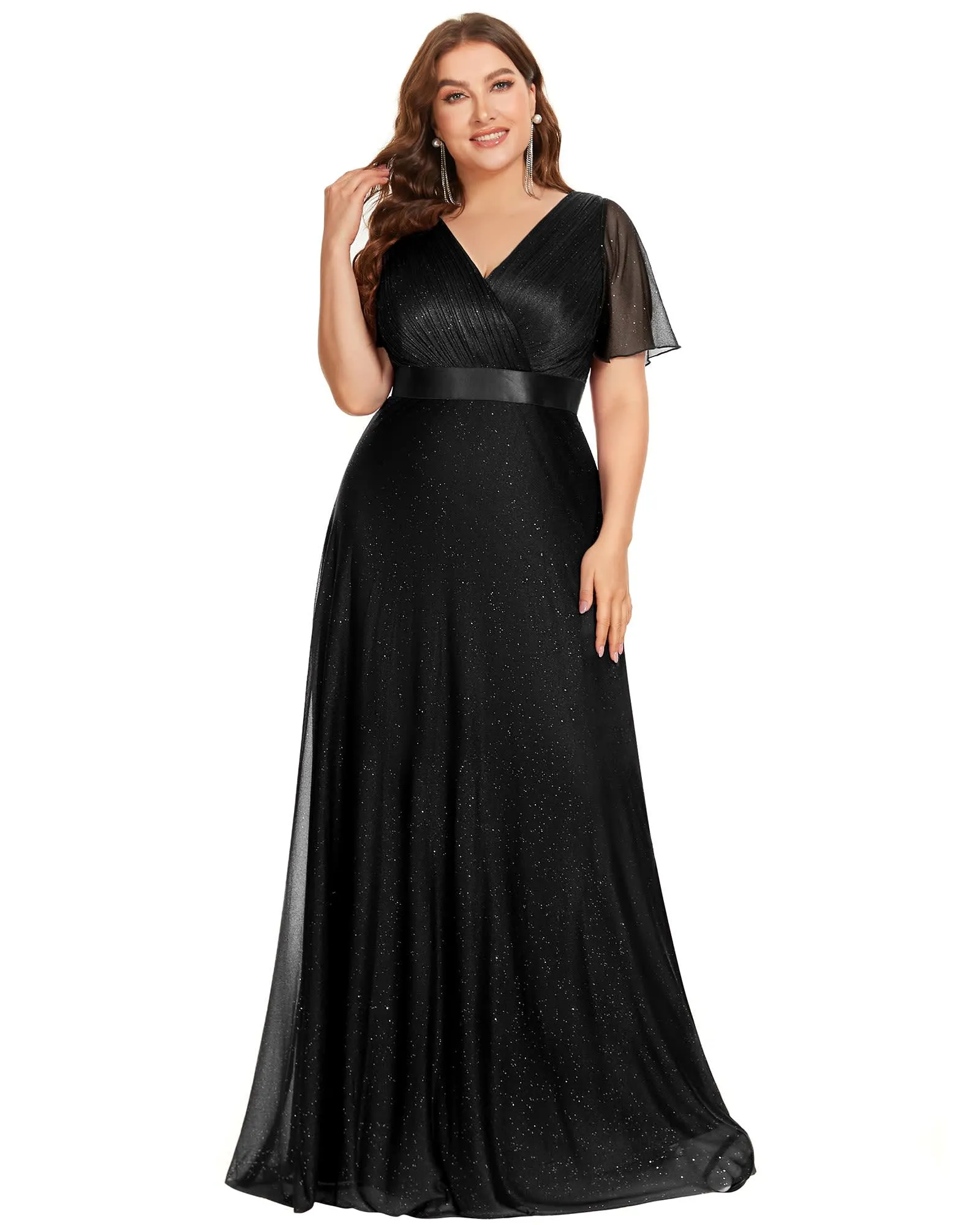 Short Sleeve V-Neck Ribbon Waist A-Line Evening Dress | Black