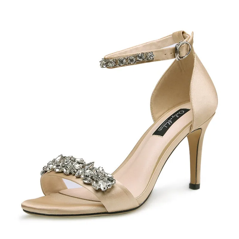 Silk Rhinestone Embellished High Heel Ankle Strap Sandals