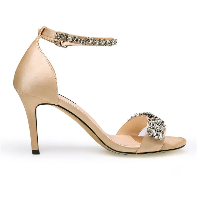 Silk Rhinestone Embellished High Heel Ankle Strap Sandals