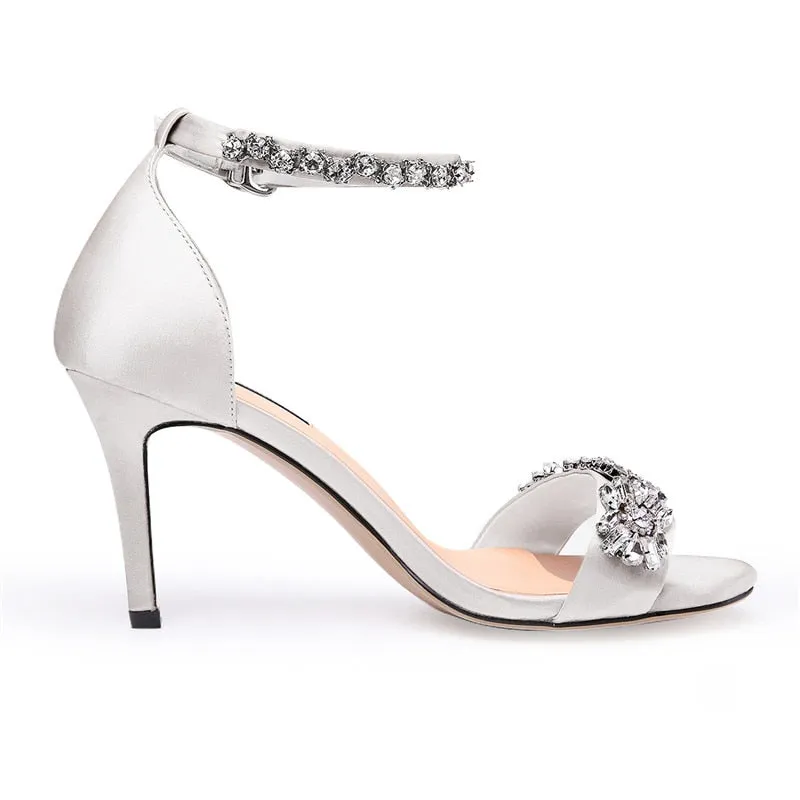 Silk Rhinestone Embellished High Heel Ankle Strap Sandals