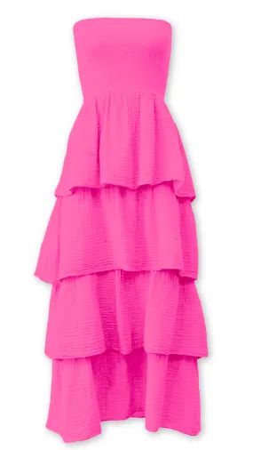 Strapless Tiered Maxi Dress - Hot Pink