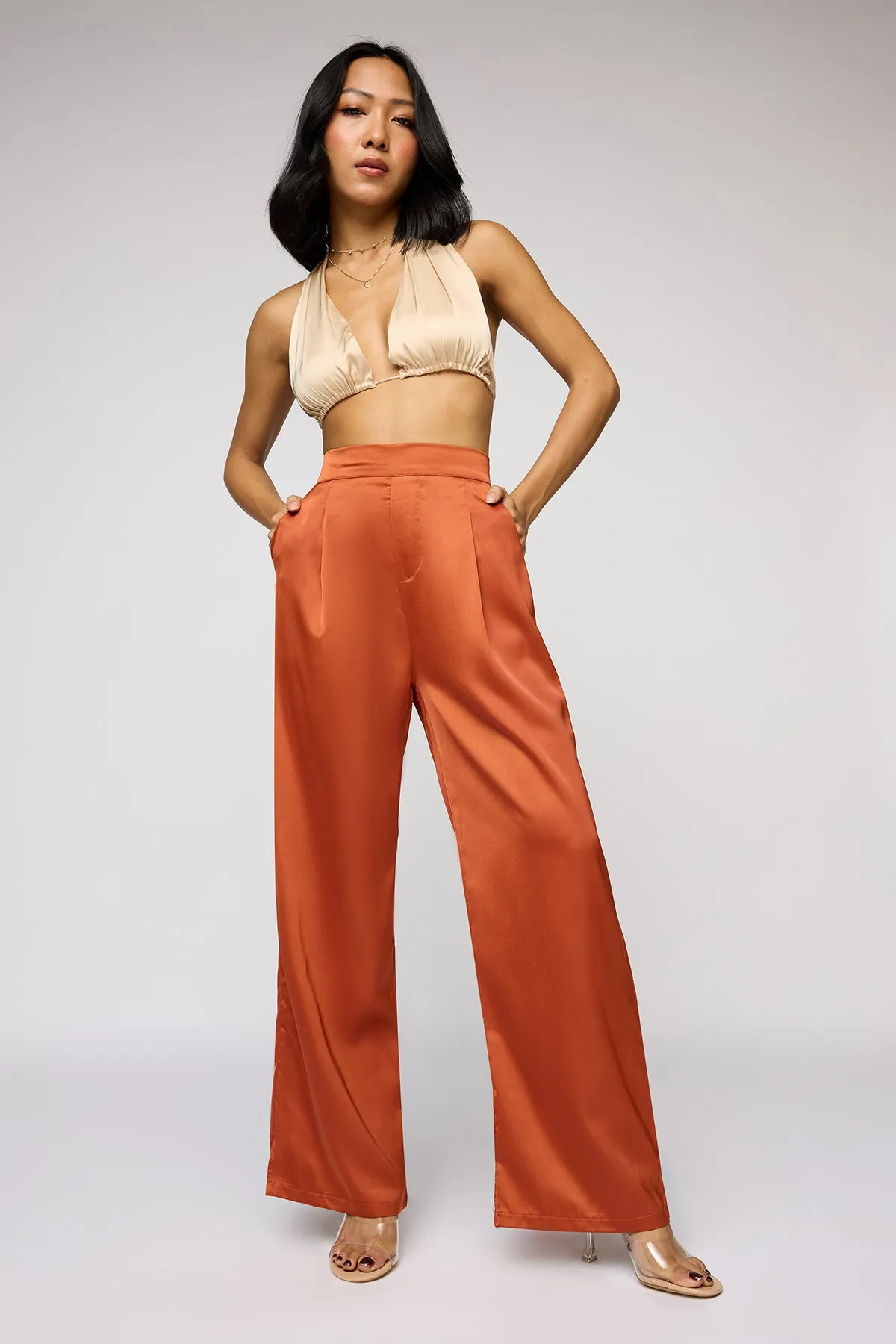 Warm Amber Satin Straight Korean Pants