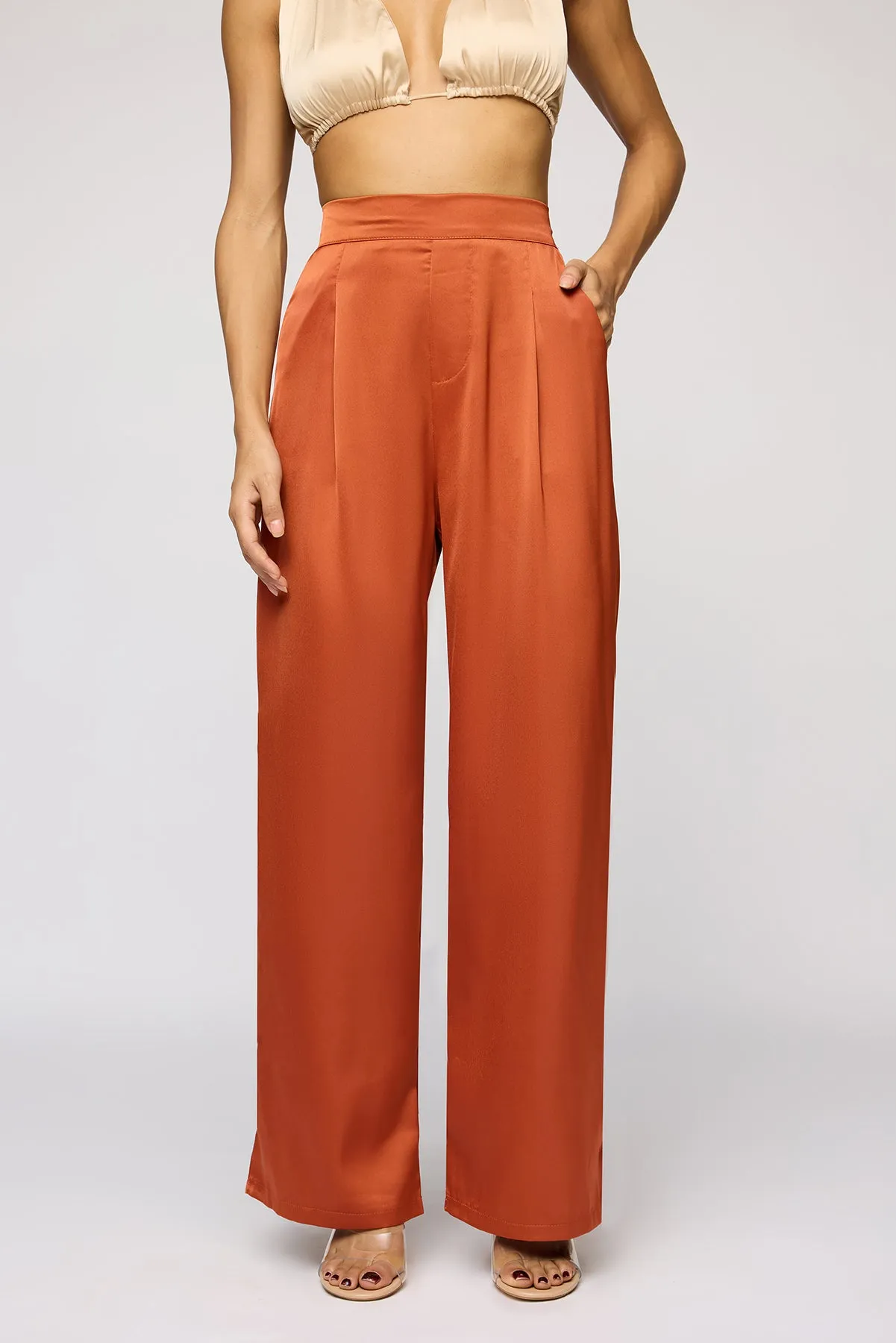 Warm Amber Satin Straight Korean Pants