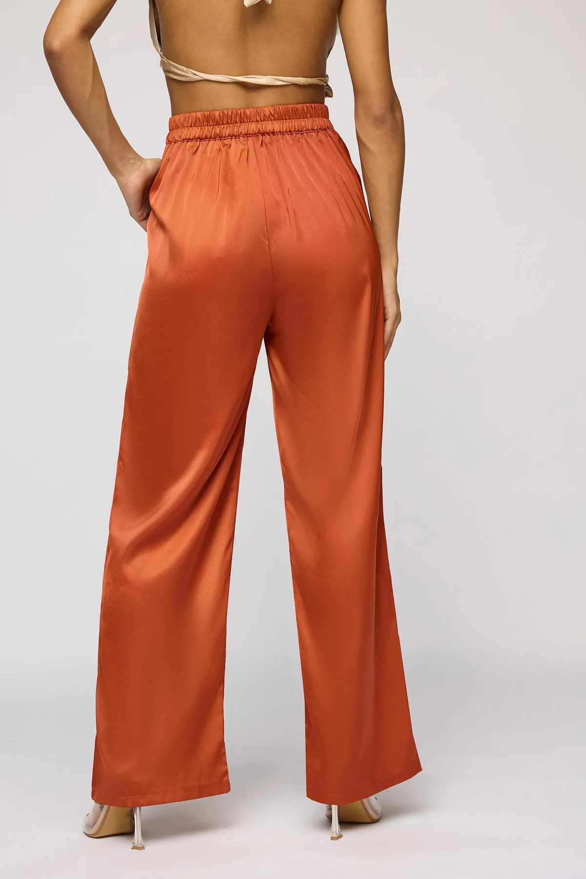 Warm Amber Satin Straight Korean Pants