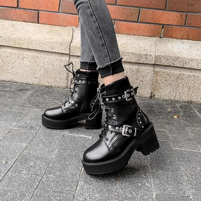 Women’s Rivet Belt Buckle Platform Boots – Stylish and Durable