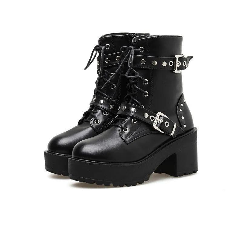 Women’s Rivet Belt Buckle Platform Boots – Stylish and Durable